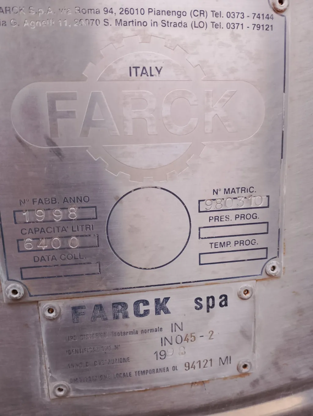 				cisterna acciaio inox targhetta intera